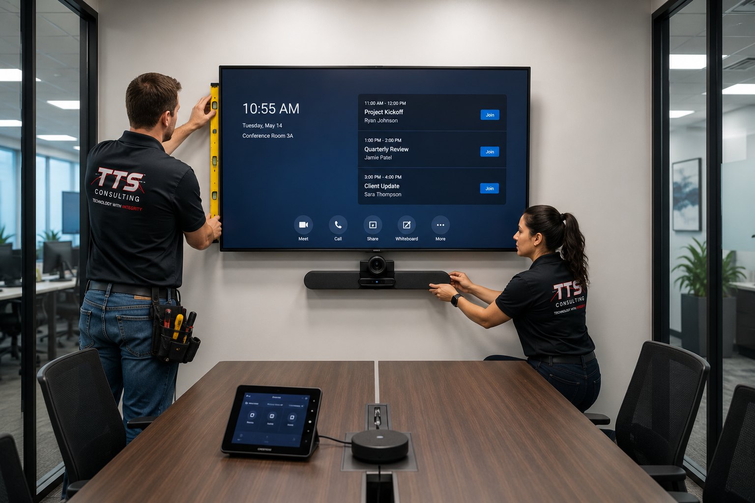 TTS technicians installing and leveling a conference room display and video bar