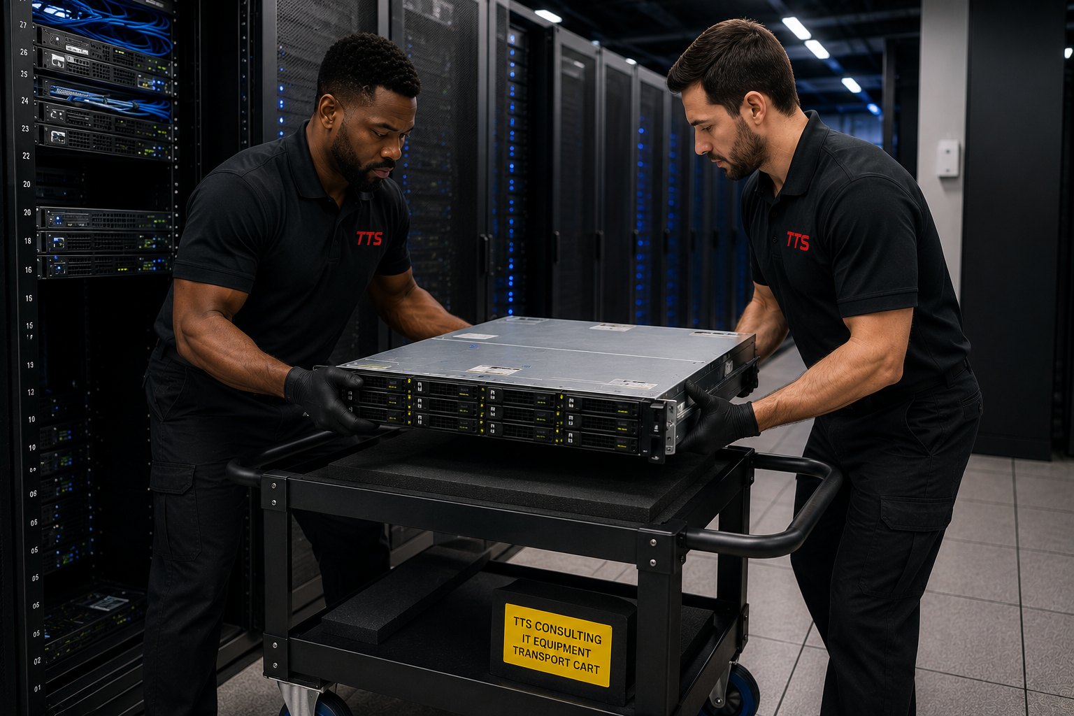 TTS technicians moving a server onto a padded transport cart
