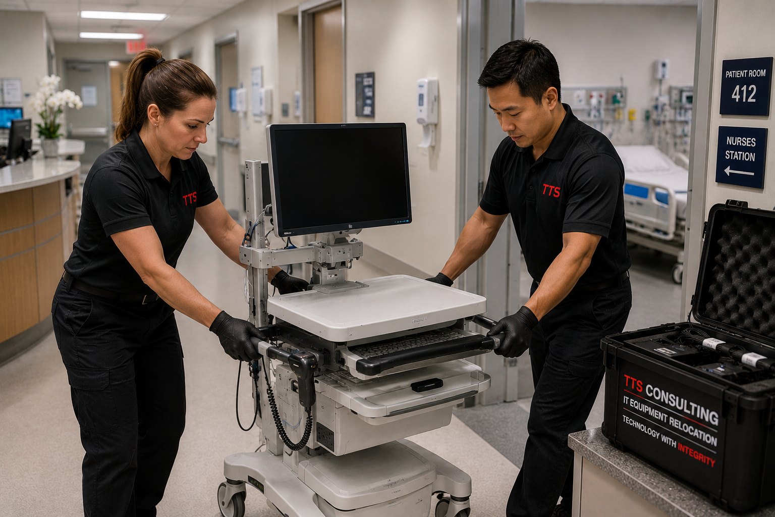 TTS technicians carefully relocating a clinical workstation in a hospital corridor