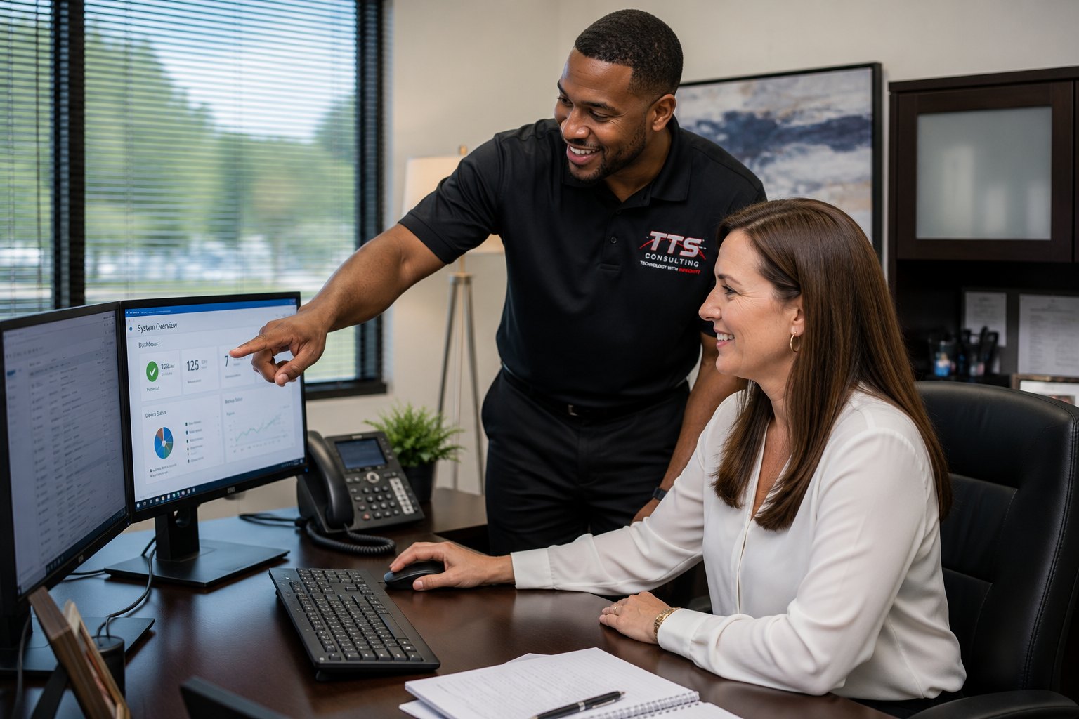 TTS technician reviewing a system dashboard with a client at her desk