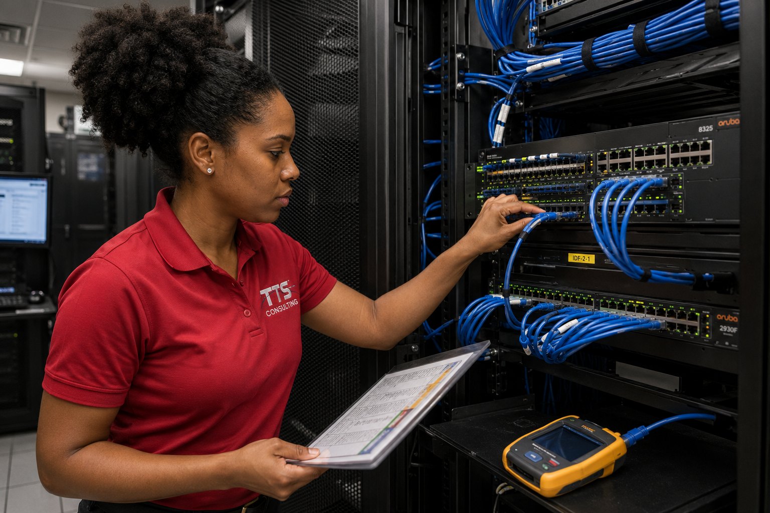TTS technician seating labeled patch cables in a network rack
