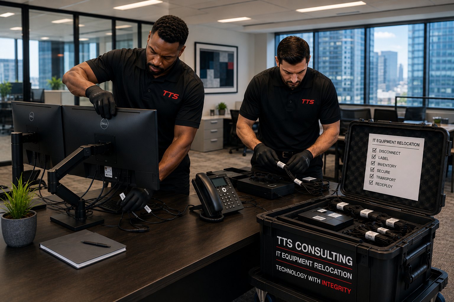 TTS technicians carefully disconnecting and labeling office workstations