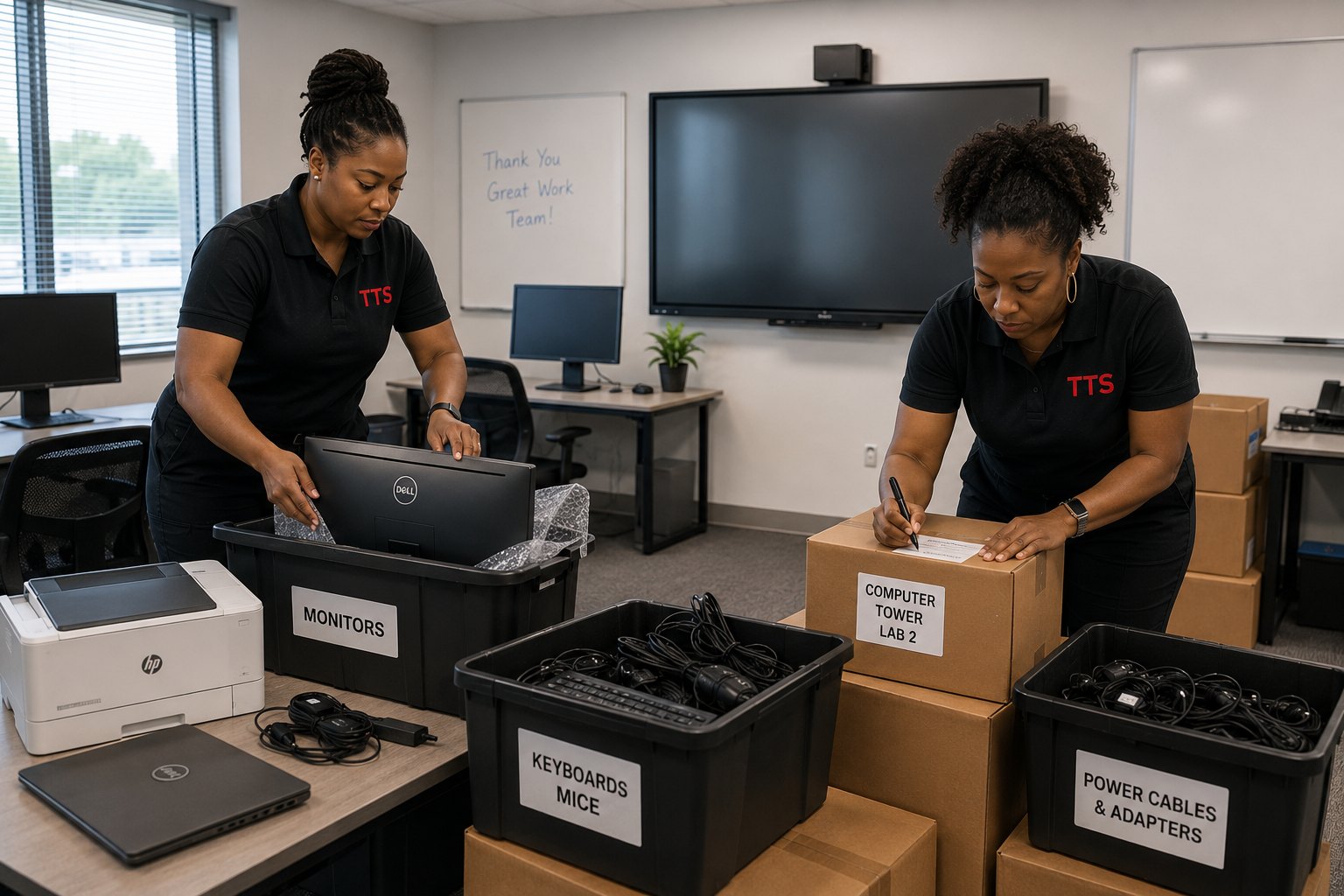 TTS technicians packing and labeling classroom computer equipment