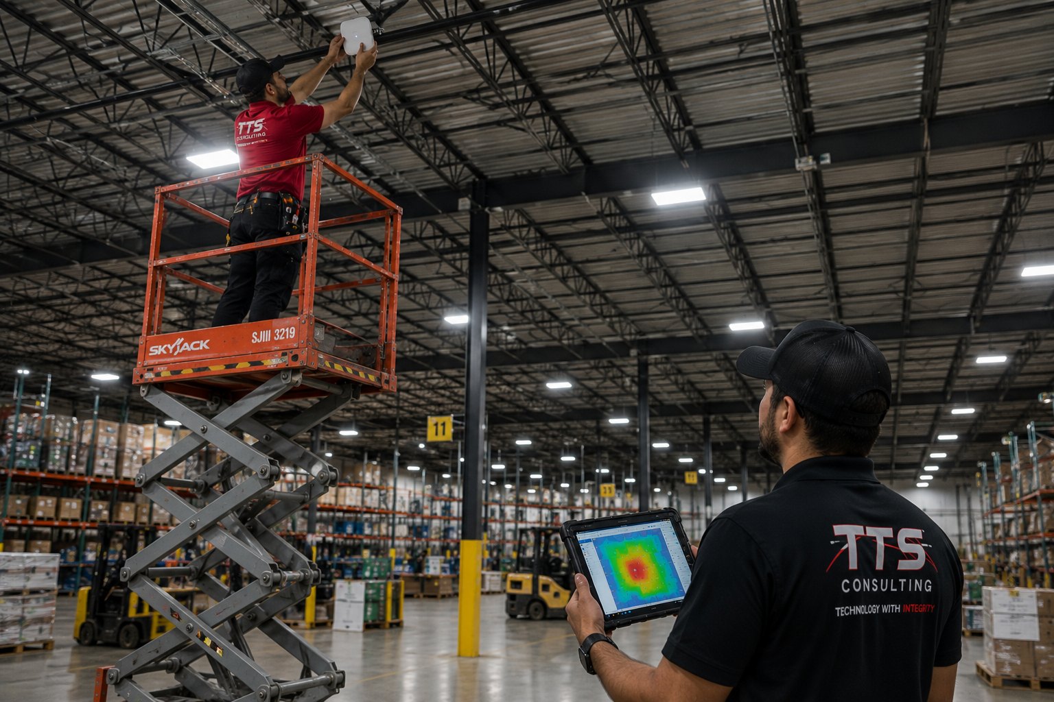 TTS technicians installing a wireless access point in a warehouse, verifying coverage with a heatmap survey